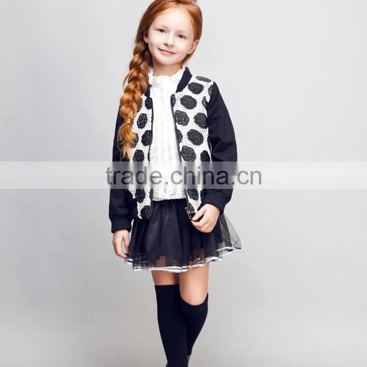 STOCK availble!COOL KID ZONE autumn mesh jacket casual black rose flower tops overcoat long sleeve girl coat