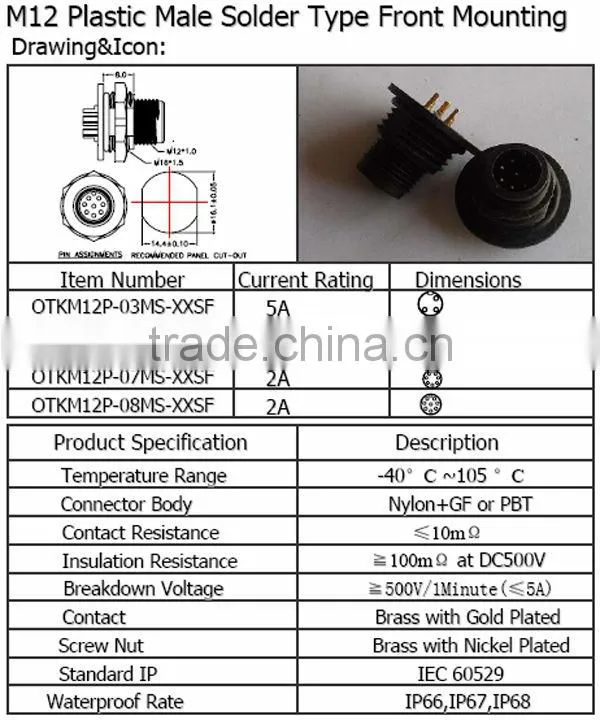 M12 Plastic male solder type front mounting Waterproof Connector