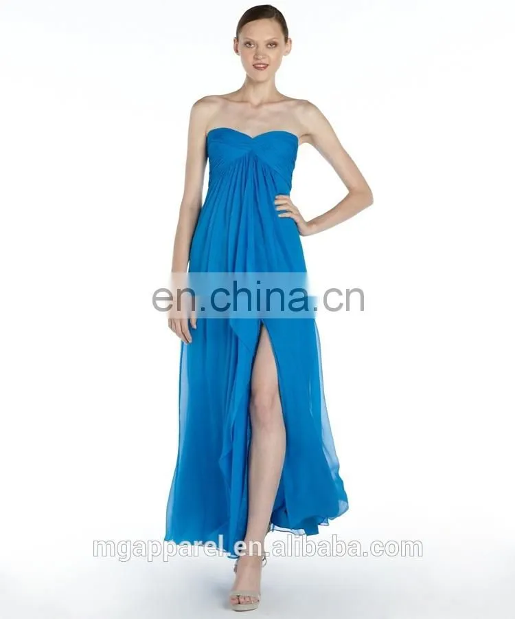 Lagoon Blue Chiffon Strapless Thigh High Slit long evening Dress