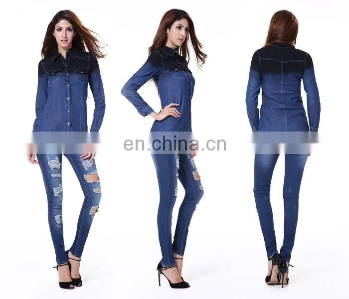 Long Sleeve Navy Factory Wholesale Ladies Denim Shirts