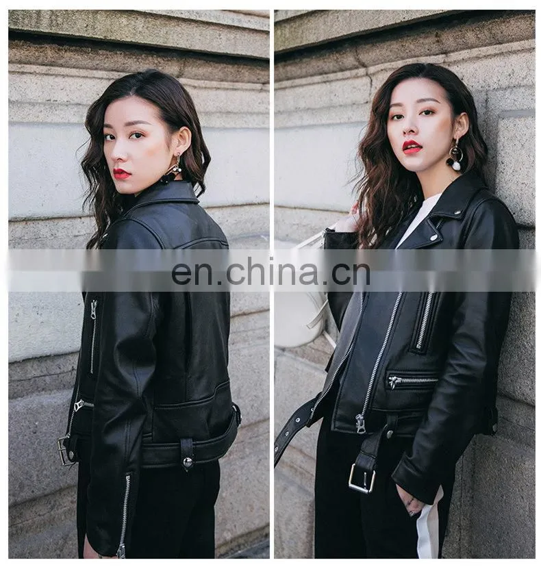 Fashion Cool Zip Front Black Leather Jacket Woman / Real Sheep Skin Jacket Leather / Leather Motorcycle Jacket