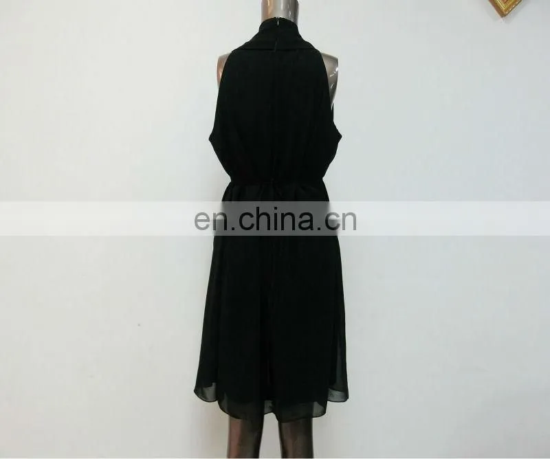Pleated ladies sleeveless black chiffon open breast dress