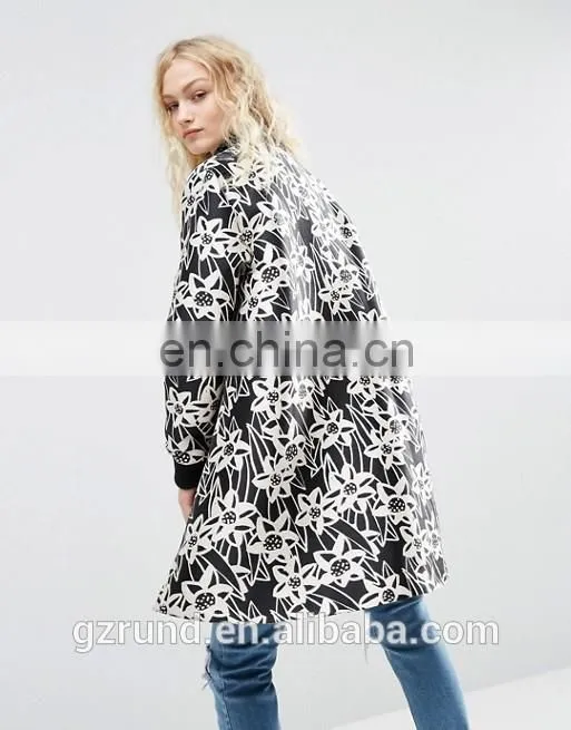 China Supplier Wholesale OEM ODM New Fashion Lady Winter Coat, Black and White Print Floral Satin A- Line Coat With Rib Detail