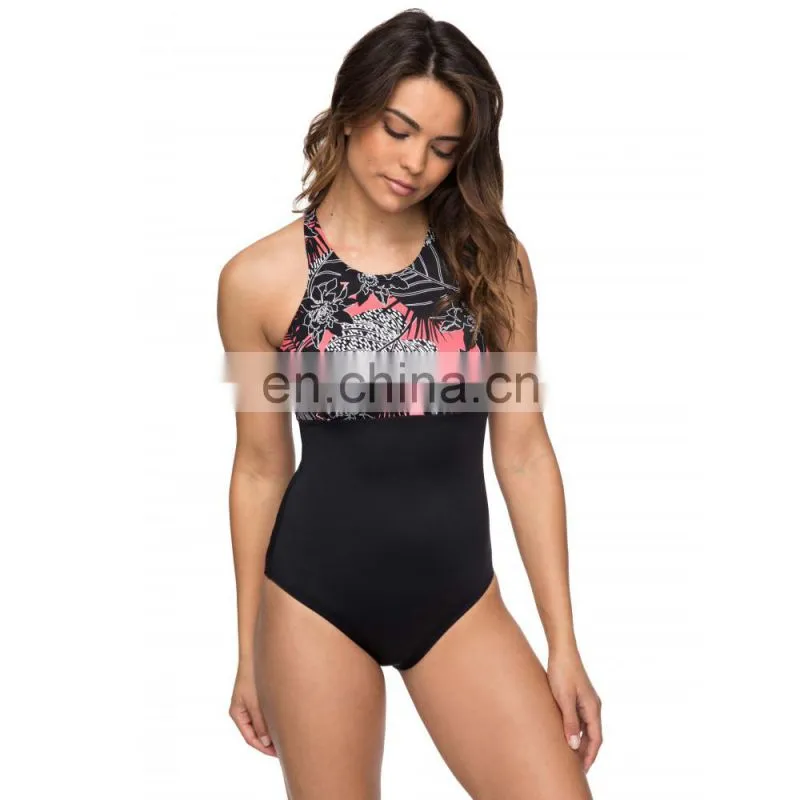 Mixed Color Block Mesh Insert Back One Piece Swimwear
