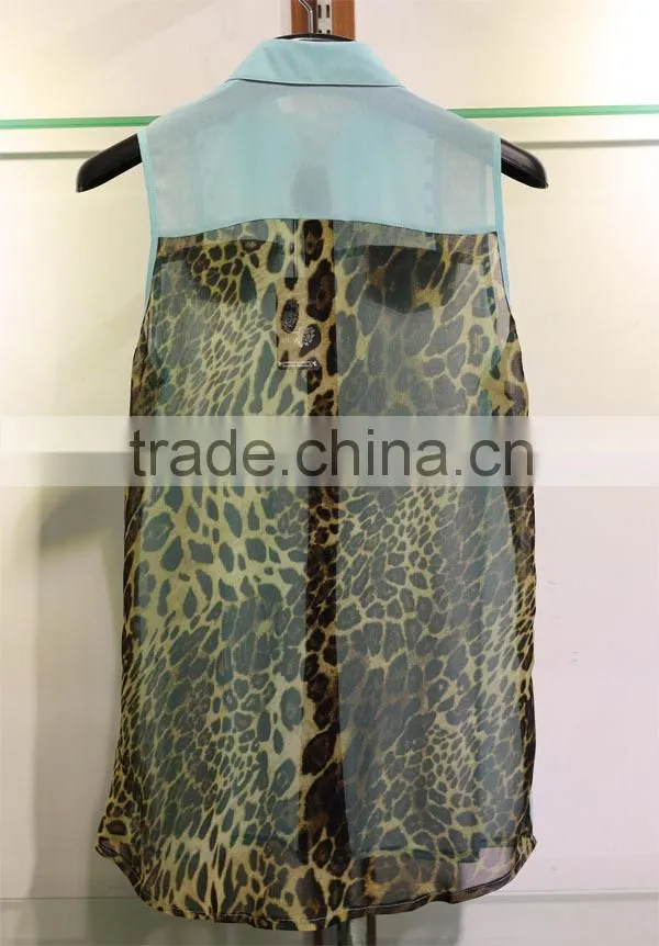 2014 design leopard printed turquoise contract chiffon blouse