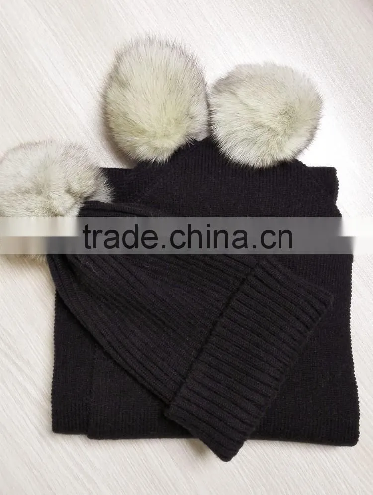 2016 Winter Newest High Quality Knitted 100% Real Racoon Fur Pompom Hat and Scarf Set