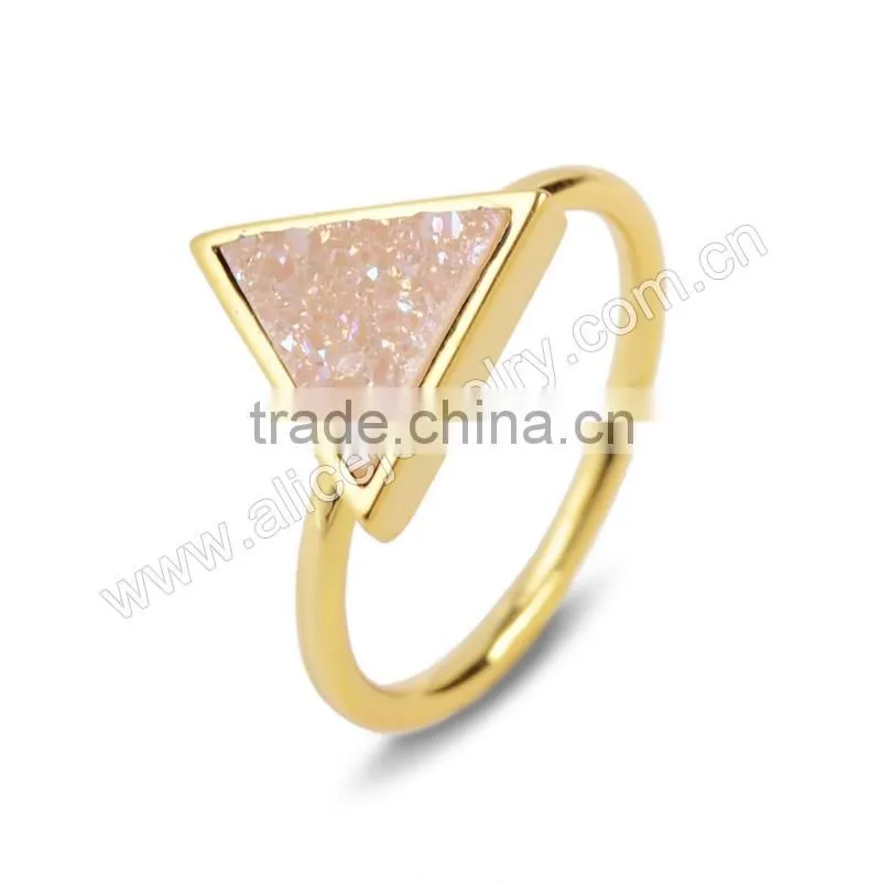 Fashion Druzy Triangle Geometric Crystal Druzy Ring Gold Filled Wholesale Gemstone Bezel Ring Supplier