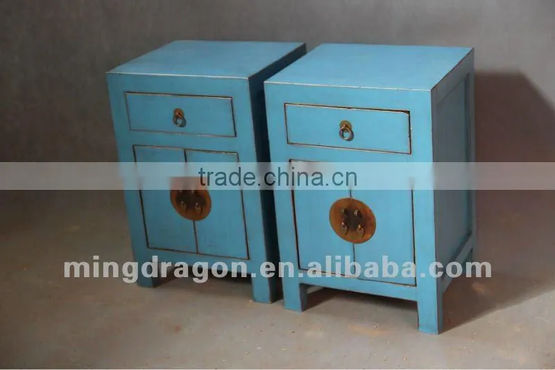 Chinese antique furniture pine wood white/blue bedside cabinet