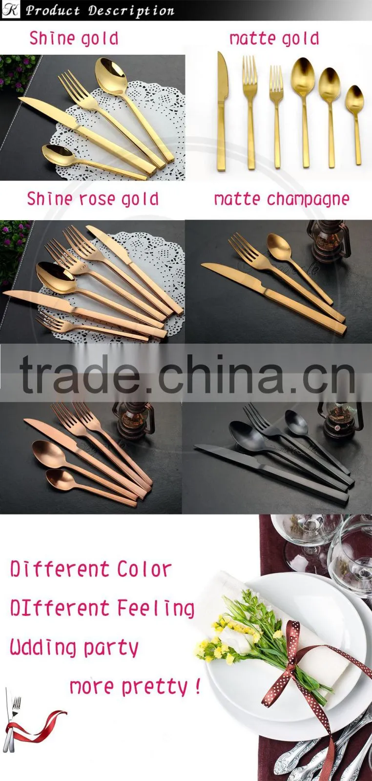 Gold cutlery set, copper cutlery, wedding knife and fork set