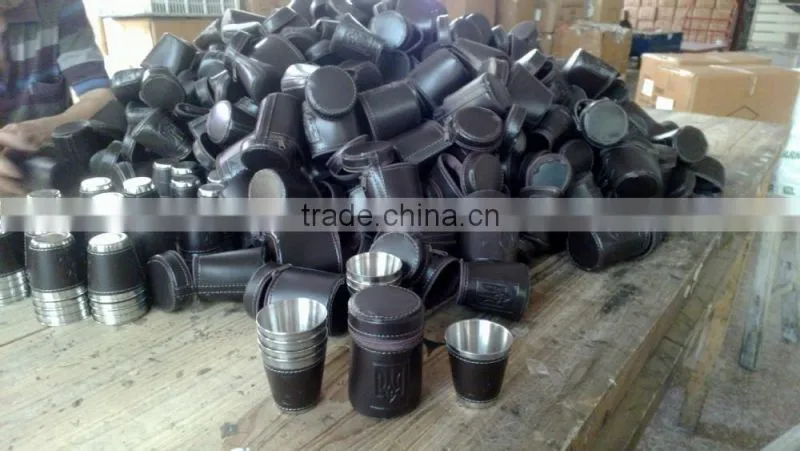 Stainless steel cup with leather wrapped and logo 4pcs in leather bag