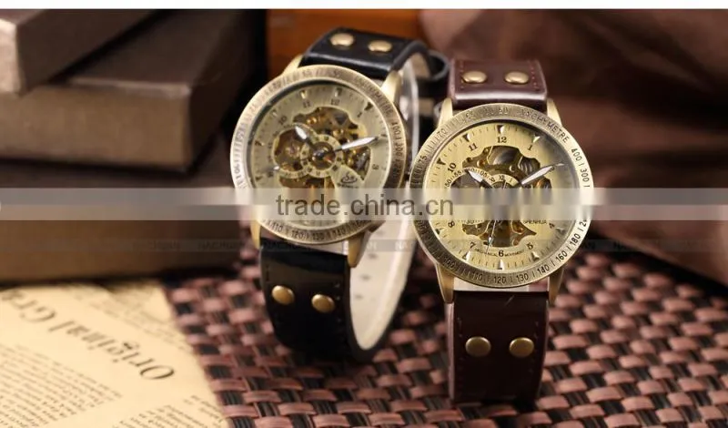Mens Vintage Bronze Skeleton Analog Auto Sport Mechanical Watch
