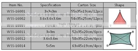 3.6x3.6x3.6M Polyester Material Shade Sails for outside appilication,breathable fabric with many colors