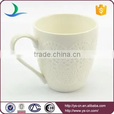 Embossed lace white glazed porcelain coffee mug with handle prices