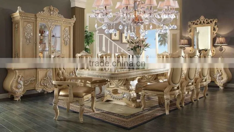 Ivory White Antique European Style Royal Hand Carved 8 Persons Long Dining Table With Matching Side Chair(MOQ=1 SET)