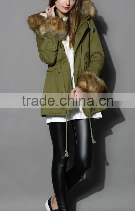 Detachable Faux Fur Jacket with fur collar fur sleeve ,women Army green Jacket coat