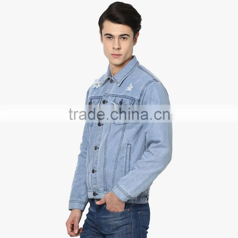 men denim jean jacket wholesale ripped with pocket outdoor casual wear