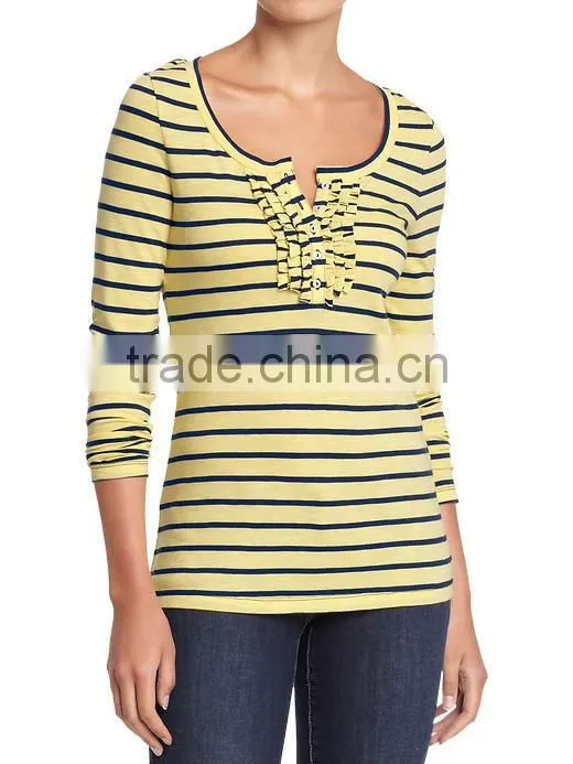Womens striped long sleeve t shirt with ruffled placket