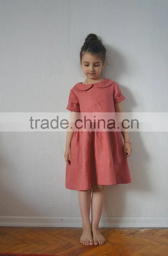 Pink Coral Wholesale Clothing Linen Dress Peter Pan Collar Child Clothes