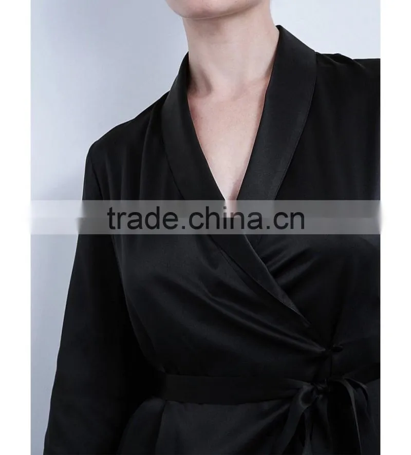 Customize ladies luxury silk full length robe, long sleeve dressing gown, black lapels long length dressing robe