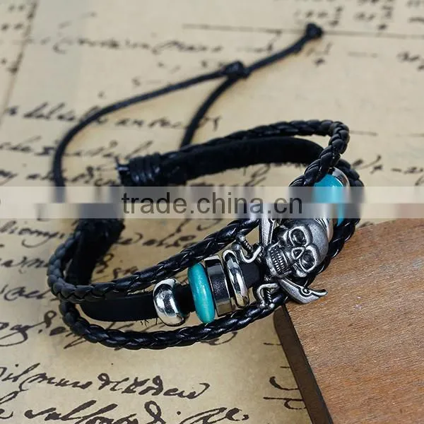 New Fashion Black Cord Silver Tone & Green Beads Gunmetal Halloween Skull Cowhide Multilayer Bracelets