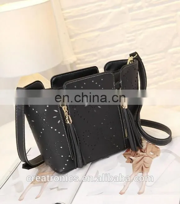 CR high reputation manufacture handbags latest model tassel bag long strap hollow pattern shoulder bag handmade leather bags