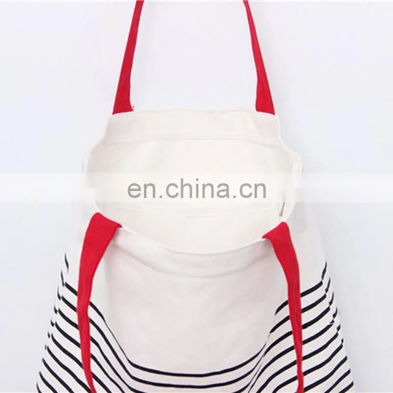 Wholesale Shopping Cotton Canvas Stripe Women Carrying Tote Bag with Bottom