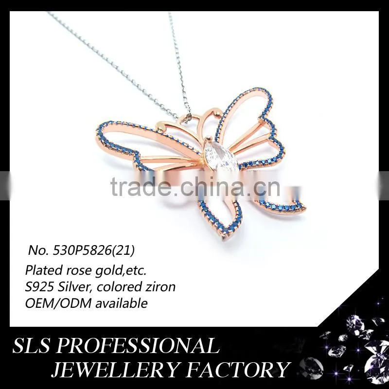 S925 silver gold women necklace with big large pendant butterfly shape pendant