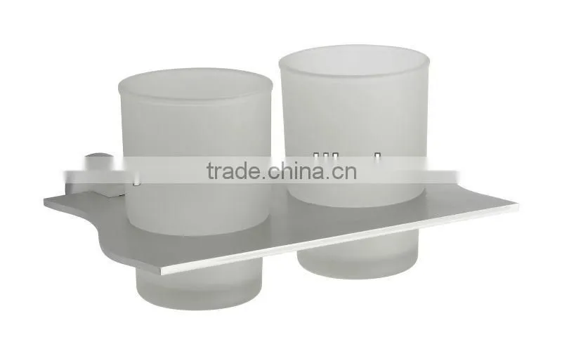 Double frosted glass tooth cup with alumimum shelf for bathroom