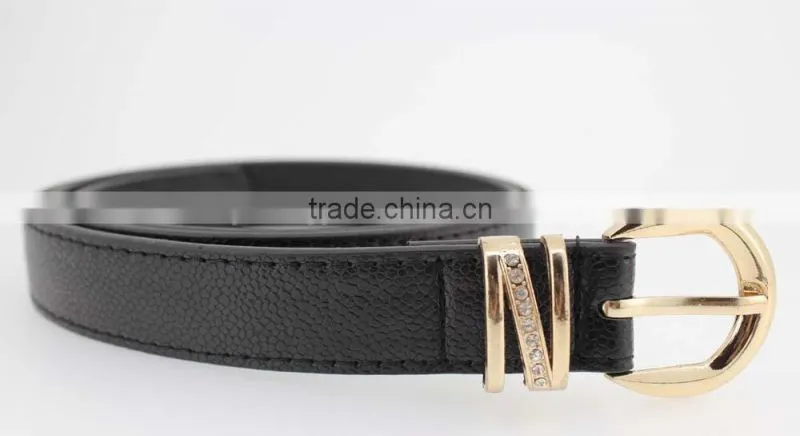 Women's Plain High Quality PU faux leather belt with rhinestone ring in YiWu/Thin waist belt for lady