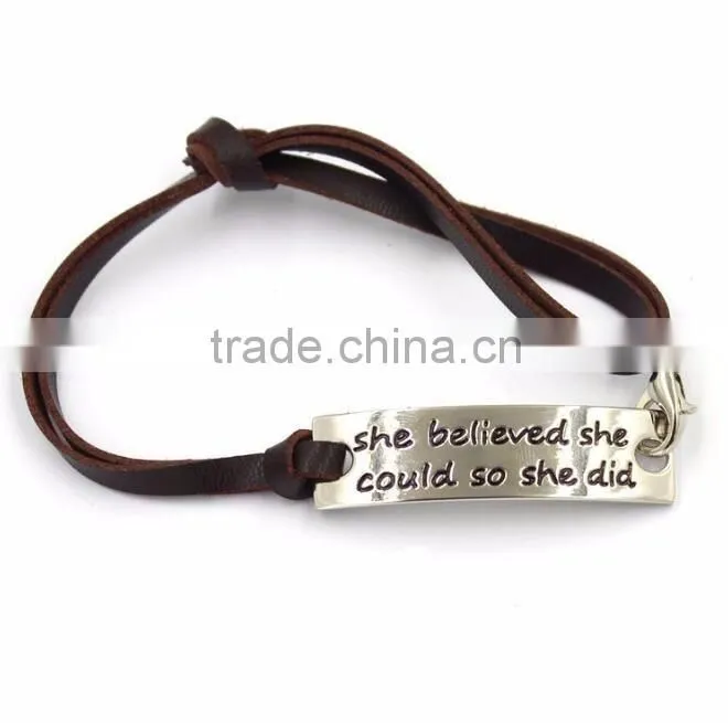 Custom jewelry OEM factory leather cord bracelet with metal charm