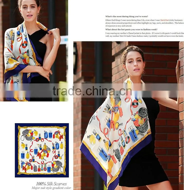 Customized silk satin square scarf with perfume pattern