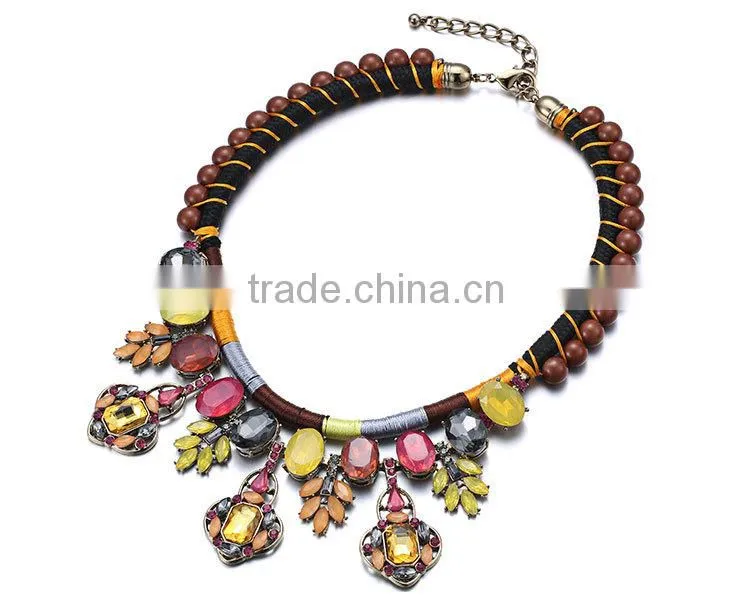 Handmade necklace rope chain colorful crystal pendantethnic necklace 2015 luxury crystal inlaid bijoux femme NL13562