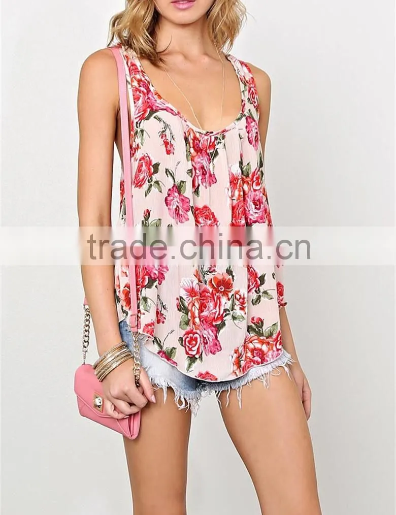 Summer women latest fashion sweet floral print scoop neckline woven top- SYK15262
