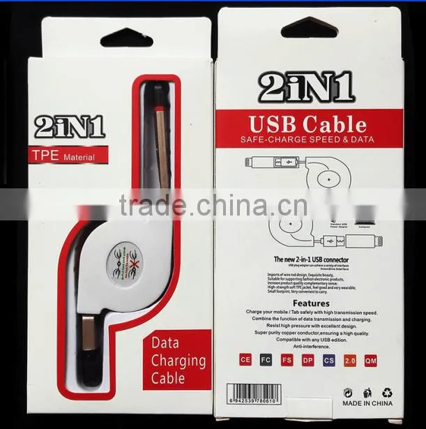 2016 Creative two sided flat USB Cable, Retractable Noodle 2 in 1 usb charging cable CE FCC ROHS