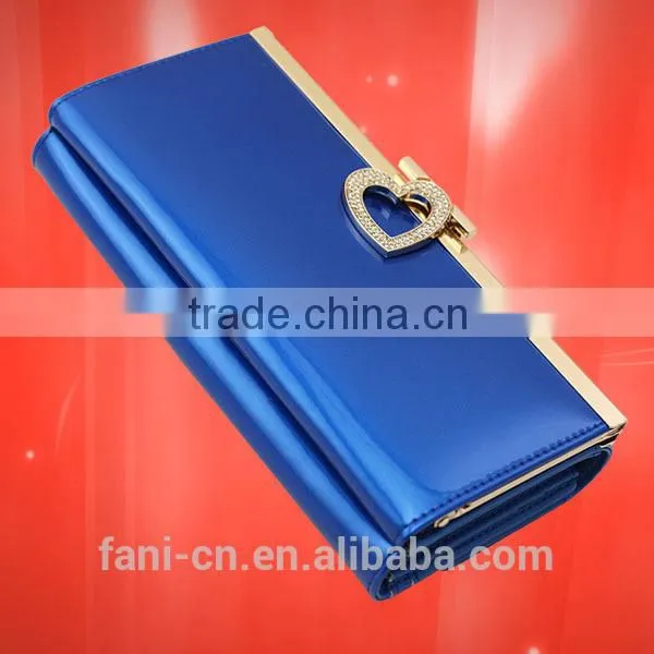 Fashion heart shape metal with diamond design long clutch leather wallet and purse for ladies