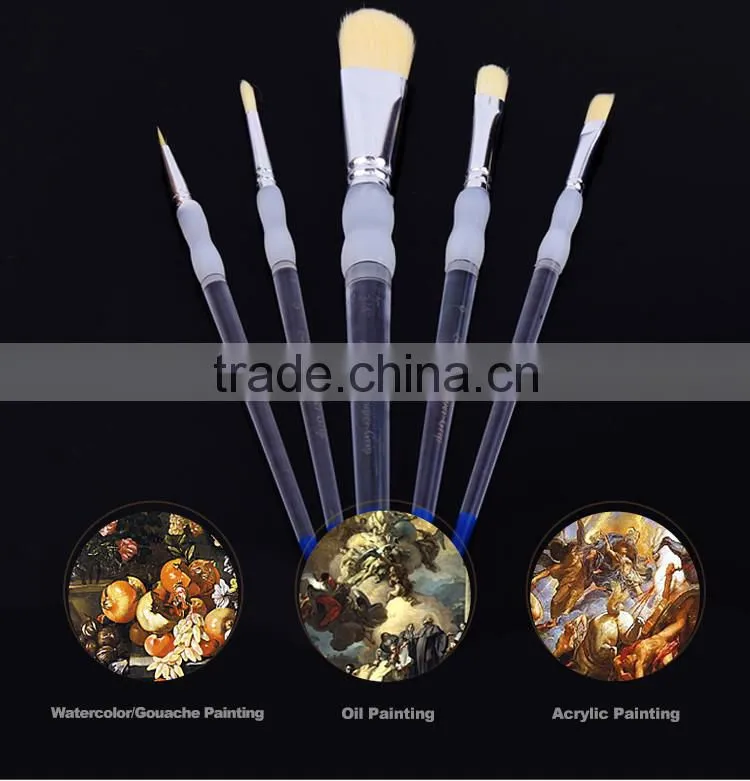 Wholesale Price Professional Acrylic Handle Natural Filbret Bristle Hair Oil Painting Brush Art Paint Brushes Set 5 Piece