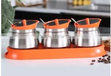 wholesale glass spice jar with spoon and metal coating orange