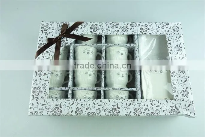 2015 latest design square shape porcelain cup and saucer with crystal,white porcelain cup and saucer set with gold decal