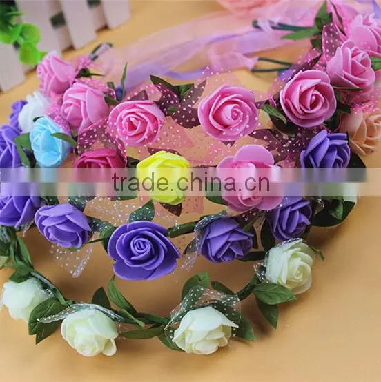 Factory directly little artificial flower head wreath fabric rose flower/leaf wreath