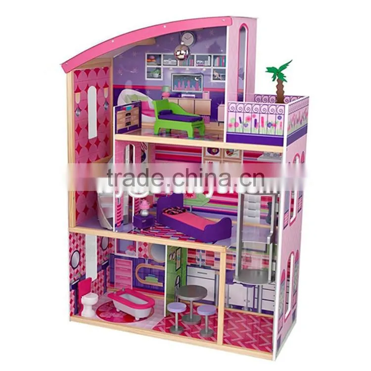New style 30 furniture pieces children pretend play wooden giant doll house W06A222