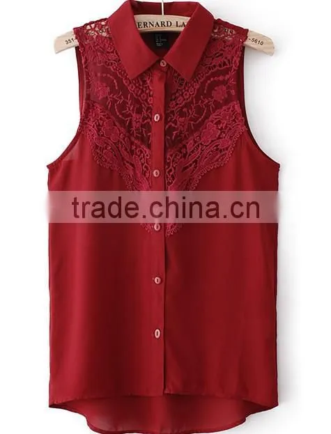 Sleeveless lady chiffon blouse tops sexy lace blouse tops for woman