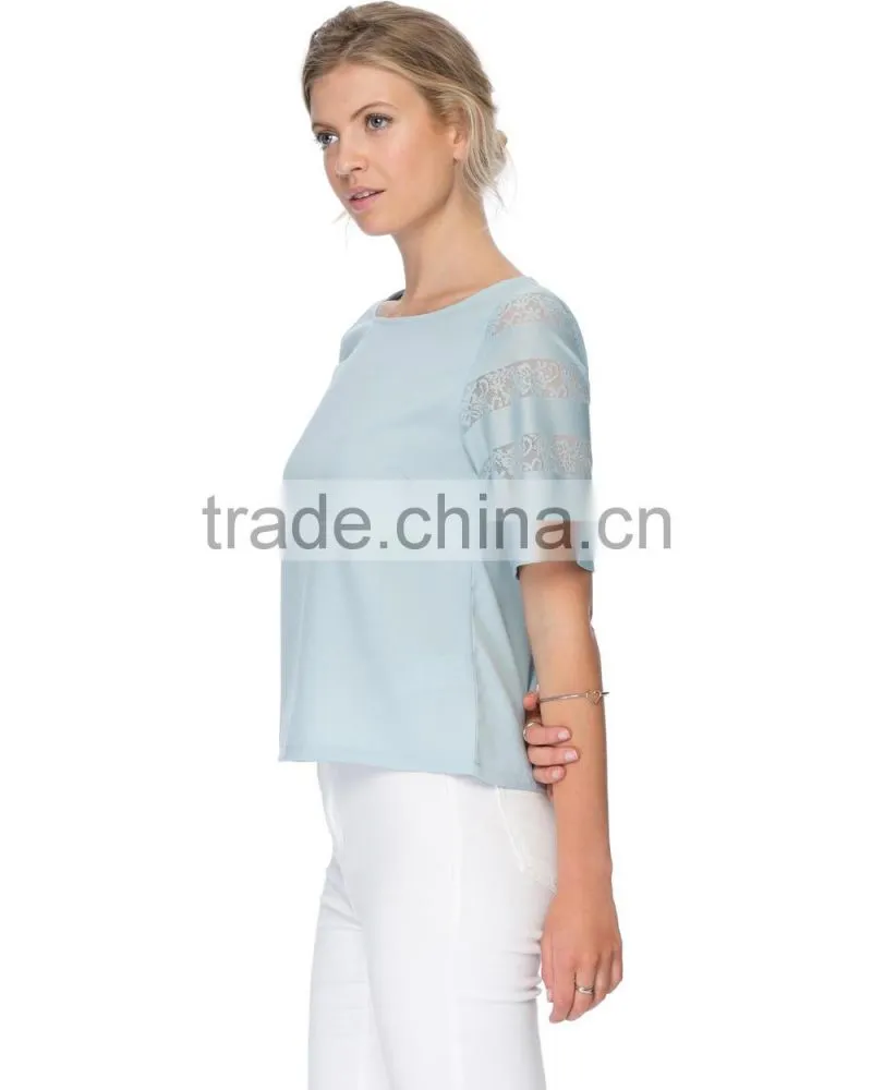 Lace sleeve woven womens tee shirts