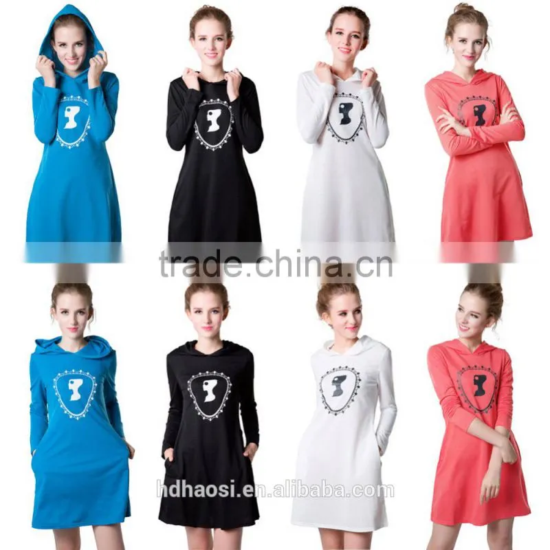 2016 Hotsale New fashion hooded mini dress, Womens Winter Dress with Long Sleeve Pockets design
