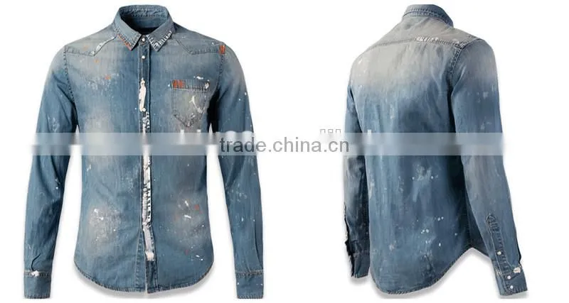 2016 European Style splash ink men denim casual shirt