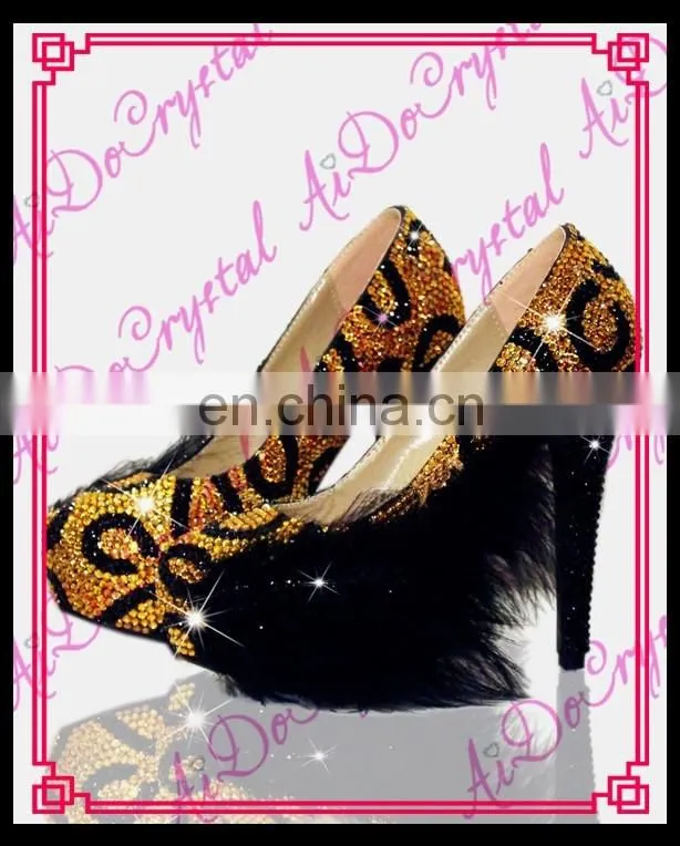 Aidocrystal black feather and gold crystal women 14CM high heels party feminine pumps women shoes