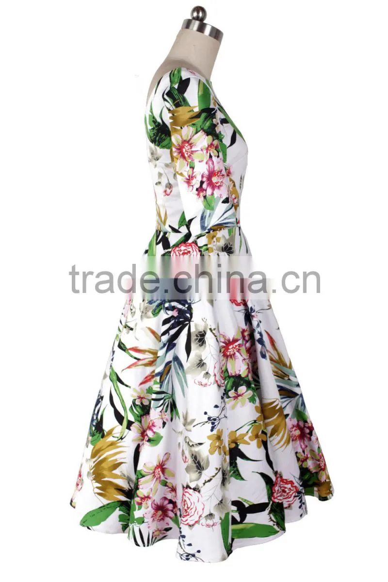 new midi half sleeve boat neckline peony printed cotton flared vintage dress 50s