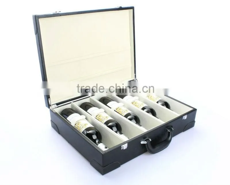 5 bottles leather wine box insert with velvet