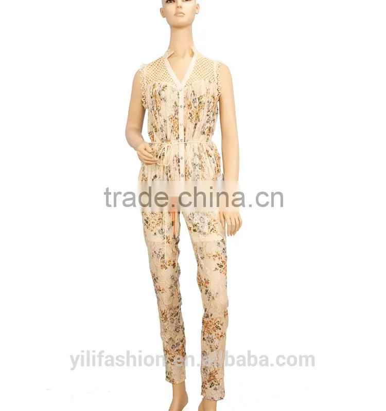 2015 hot sale floral printing suits,woman sleeveless blouse and long pants