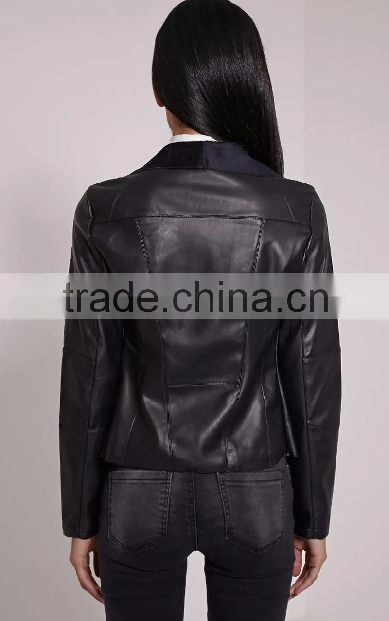 BLACK FAUX LEATHER WATERFALL JACKET