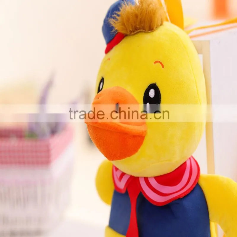 30cm lovely customized yellow stuffed plush strawberry duck doll animal backpack with strawberry-printed T-shirt